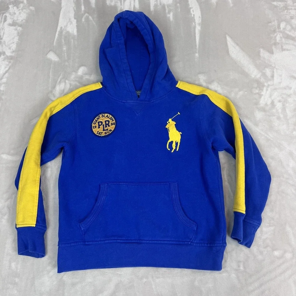 Polo Ralph Lauren Sweater Kids M (10-12) Blue Yellow Hoodie Big Pony Y2K Preppy